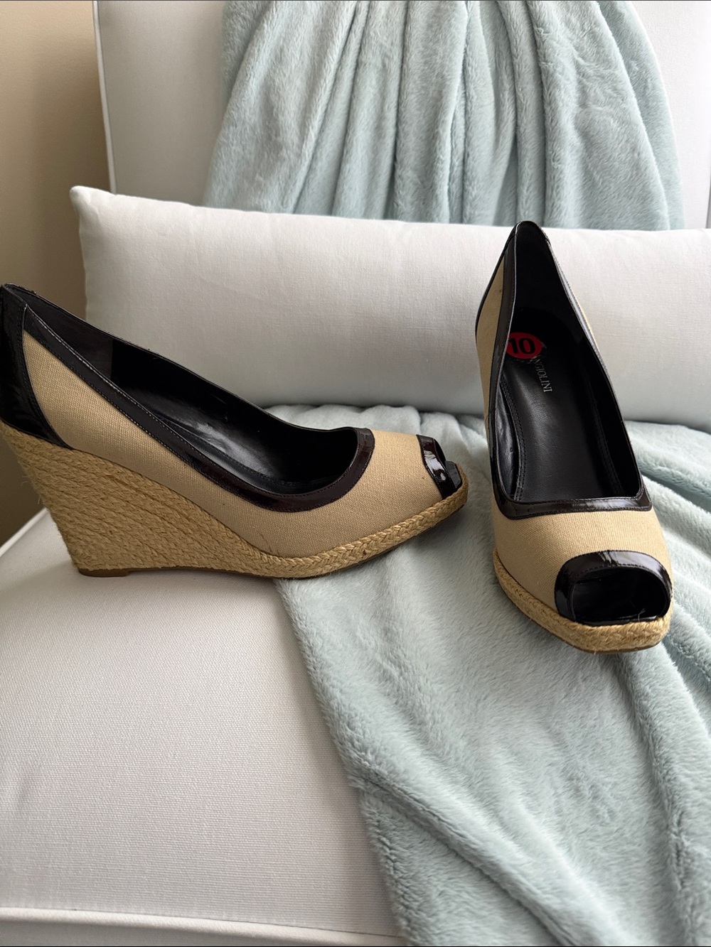 Enzo Angiolini Beige and Black Espadrille Wedge Peep-Toe Pumps